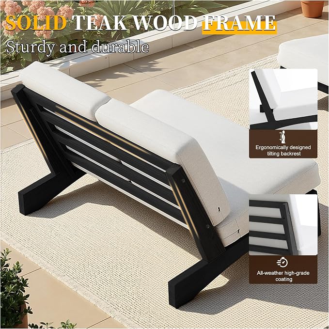 7 Pieces All Weather Black Wood Patio Furniture Sets, 2 Patio Loveseat, 4 Patio Bistro Chair, Outdoor Sectional Sofa Furniture Backyard Conversation Set with Coffee Table - Beige