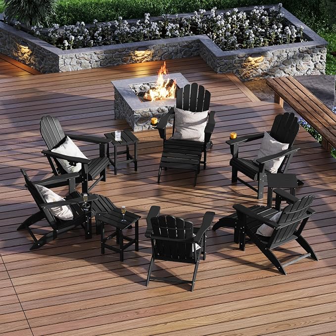 Costaelm Lakeview 12-Piece HDPE Outdoor Patio Furniture Adirondack Chair Conversation Table Set, Black