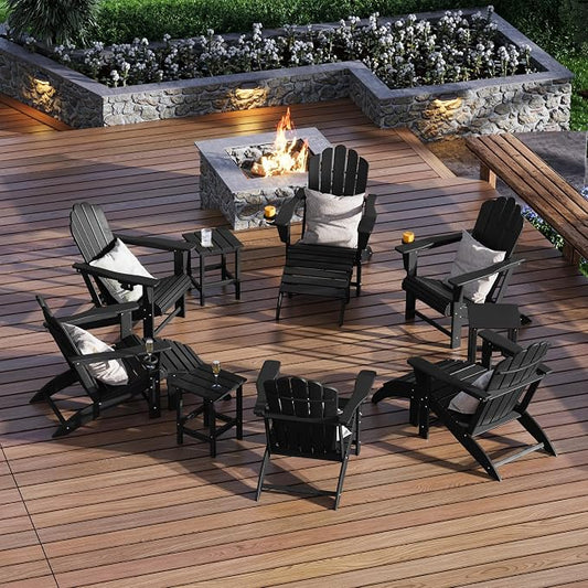 Costaelm Lakeview 12-Piece HDPE Outdoor Patio Furniture Adirondack Chair Conversation Table Set, Black