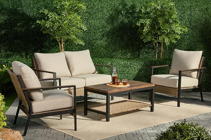 4-Piece Patio Conversation Set, Steel Outdoor Furniture Set with Coffee Table and Beige Cushions, Toolless Easy Assembly, Modern Sectional Sofa for Backyard, Garden & Lawn