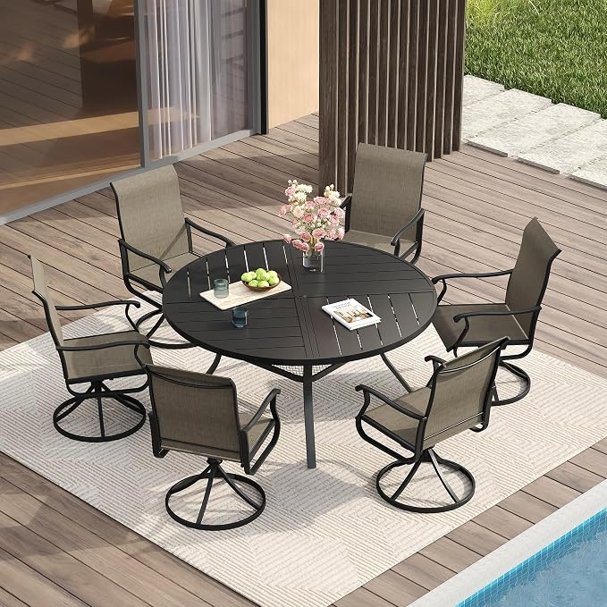 VICLLAX Round Patio Table with Adjustable Umbrella Hole for 6, All Weather 50" Metal Outdoor Dining Table for Lawn Garden, Black