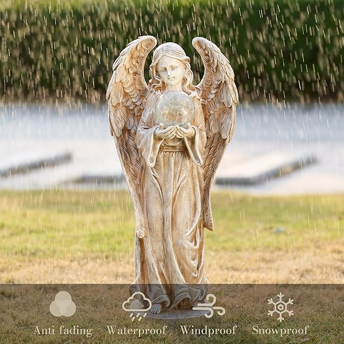 TERESA'S COLLECTIONS Large Angel Garden Statues with Solar Outdoor Light for Outdoor Decor, Fairy Figurine Resin with Wing & Glass Ball for Garden Decor, Yard Decor Lawn Ornament Gifts for Mom, 23"