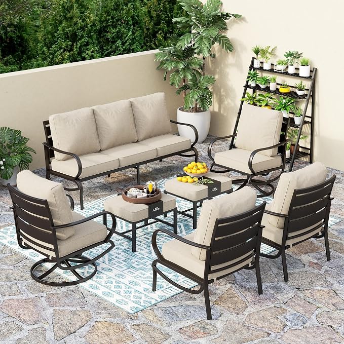 PHI VILLA 7 PCS Patio Furniture Set,Metal Outdoor Furniture with 1x 3 Seater Cushioned Deep Seating Bench Sofa, 2 Swivel Chair, 2 x Leg Chairs & 2 Ottoman,Outdoor Seating for 7 Person