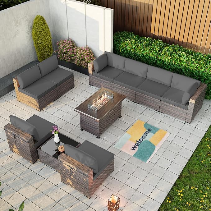 Kullavik 10 Pieces Outdoor Patio Furniture Set with 43" Gas Propane Fire Pit Table PE Wicker Rattan Sectional Sofa Patio Conversation Sets,Grey