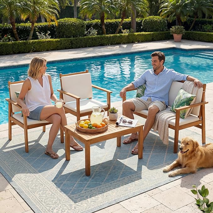 Devoko Patio Furniture 4 Piece Acacia Wood Outdoor Conversation Sofa Set with Table & Cushions Porch Chairs for Garden, Deck, Backyard, Natural