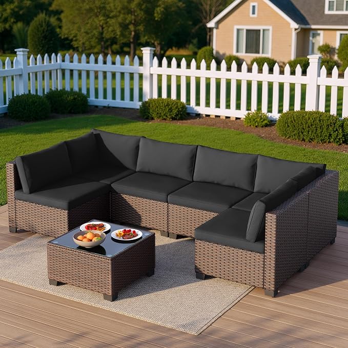 Qsun 7 Pieces Outdoor Patio Furniture Set, All-Weather PE Rattan Outdoor Patio sectional Furniture with Cushions and Glass Table, for Garden, Backyard, Porch, Black