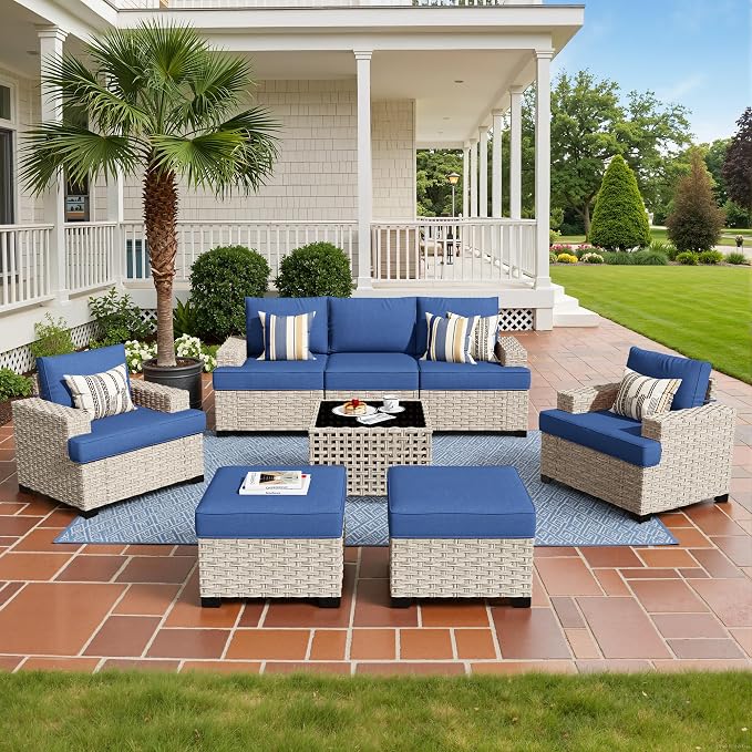 Weaxty 8 Pieces Outdoor Furniture Set, Patio Sectional Sofa Wide Seats Couch Chair with Ottoman Solar Table, Thick Cushion All-Weather Rattan Patio Conversation Sets for Backyard Porch Deck, Blue