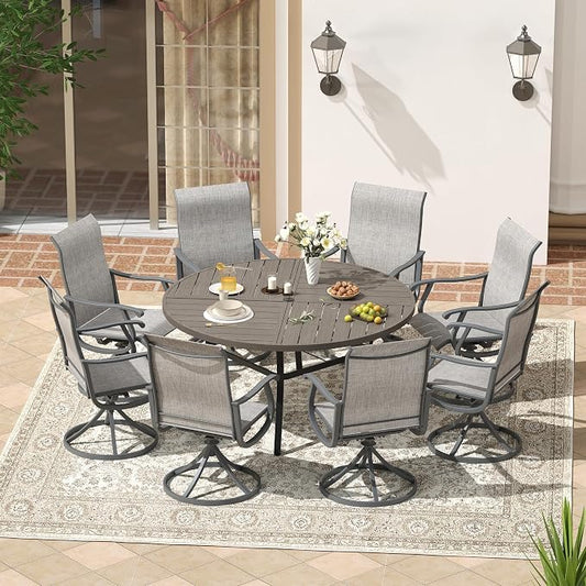 VICLLAX Patio 9 Pieces Outdoor Dining Set, 60" Round Metal Table with Umbrella Hole and 8 Swivel Textilene Chairs for Lawn, Garden, Porch, Grey