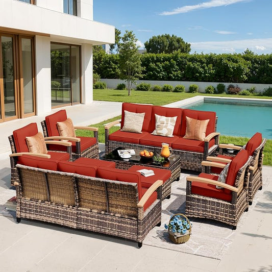 MEISSALIVVE 10 Pieces Outdoor Patio Furniture Sets, Wicker Patio Conversation Sets with 2 Wood Armrests Swivel Glide Chairs,2 Single Chairs, Outdoor Couch and Coffee Table(Red)