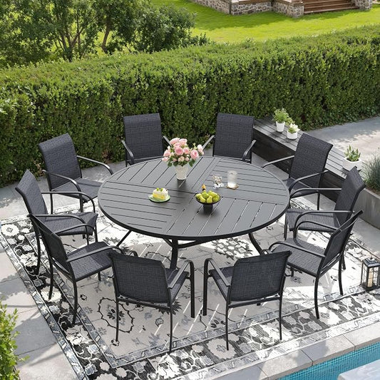 DIFY Patio Dining Set for 10, 11 Piece Outdoor Table and Chairs Set, 59.8" Black Round Metal Patio Dining Table and 10 Grey Textilene Stackable Patio Chairs, for Backyard Garden Poolside