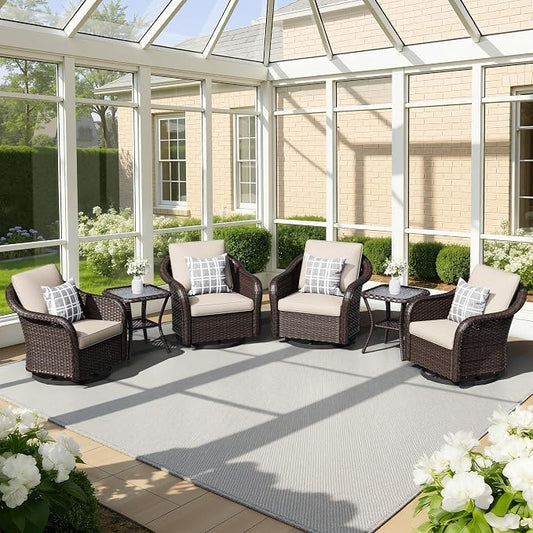 4 PCS Outdoor Conversation Set | 4 Swivel Chairs, 2 Side Tables, Patio Wicker Conversation Furniture with Removable Cushions for Bistro, Deck, Sunroom (Beige)