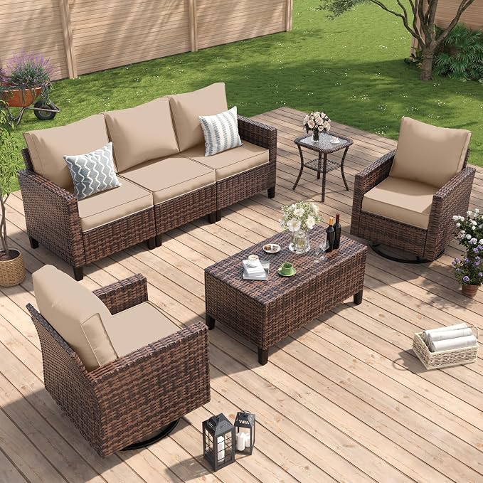Amopatio Patio Furniture Set, Wicker Outdoor Sectional Sofa with Swivel Rocker Chairs, All-Weather Rattan Conversation Set, Storage Coffee Table, Waterproof Cover for Backyard, Deck Brown/Khak 5 PCS