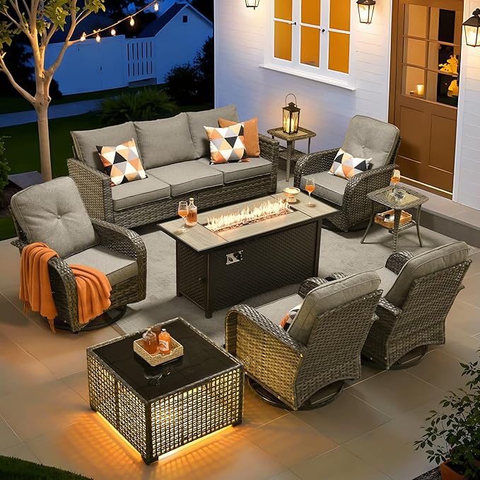 ovios 9 Pieces Patio Furniture Set, Outdoor Wicker Sofa Couch with Swivel Glider Chairs Fire Pit Table, Modern Deep Seat Rattan Conversation Sets for Deck Porch, Dark Grey