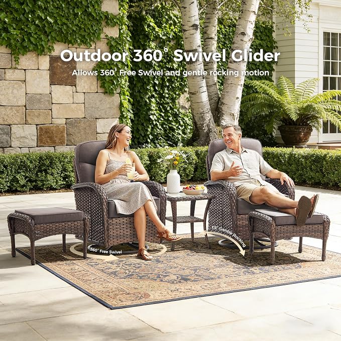 Luxury Patio Furniture Set with Fire Pit Table, Outdoor Furniture Set with High Back Swivel Chairs & 6-inch Thick Cushions, 7 PCS Fire Pit Patio Set for Yard, Deck, Poolside, Brown/Grey