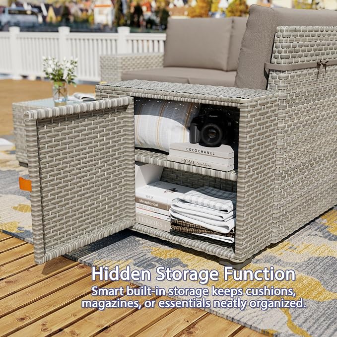 7 Piece Patio Furniture Set with 50,000 BTU Rattan Fire Pit Table that Converts to Coffee Table, 9.8" Wide Arm Sectional Sofa with Storage Armrests, Outdoor Rattan Conversation Set, Khaki