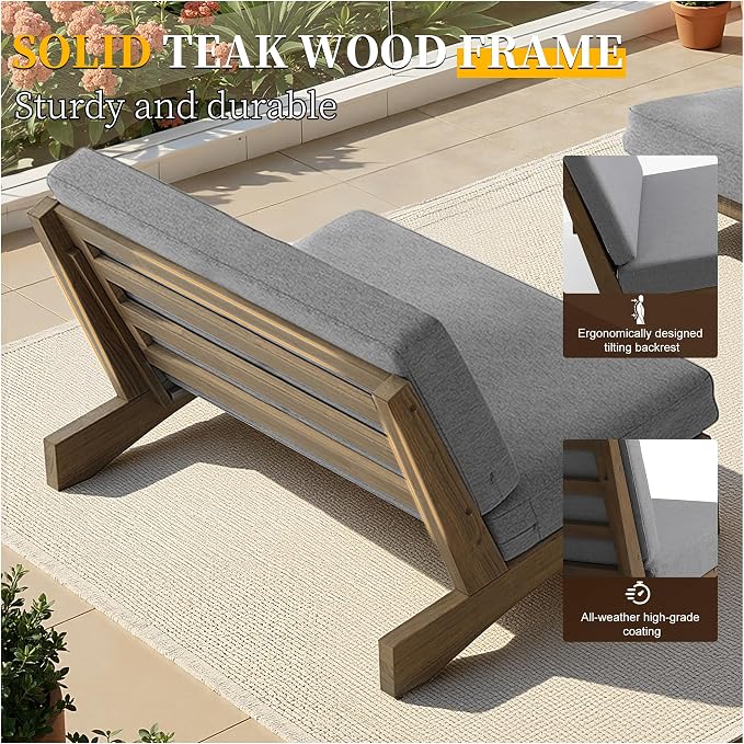 4 Piece Wood Outdoor Patio Frutnire Set, 5 Seater Patio Conversation Sets with Thick Cushions, Outdoor Sectional Furniture with Coffee Table - Gray