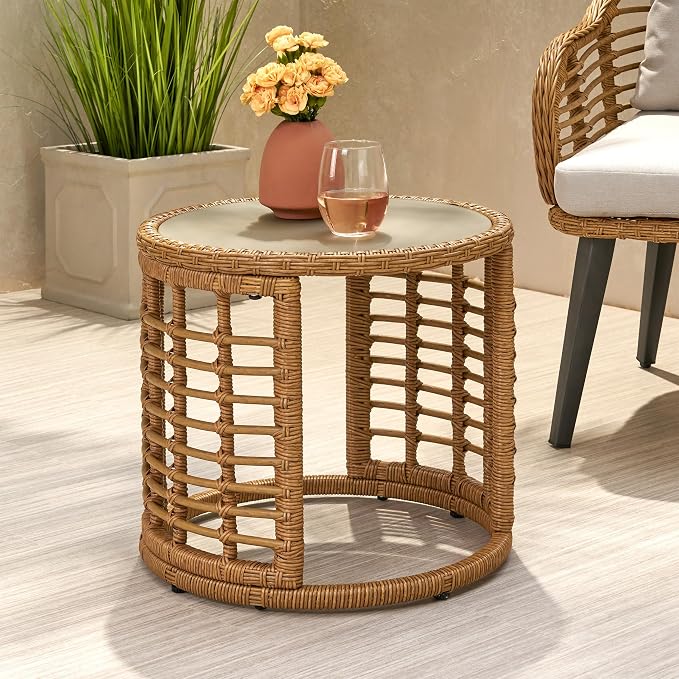 F-Light Rattan Side Tables, Outdoor Round Rattan Coffee Table with Tempered Glass Top for Porch Bistro Set, Brown