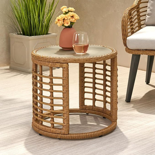 F-Light Rattan Side Tables, Outdoor Round Rattan Coffee Table with Tempered Glass Top for Porch Bistro Set, Brown