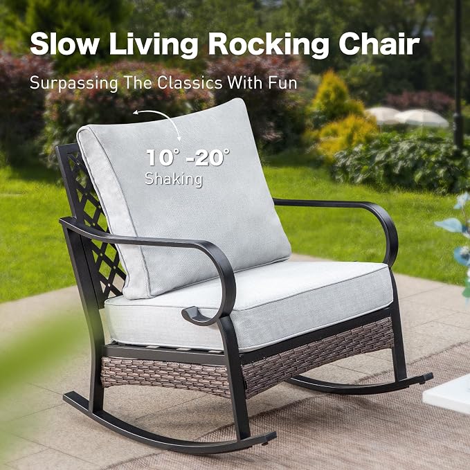 SUNSHINE VALLEY 4 Piece Metal Outdoor Patio Furniture Sets with Firepit Table, Patio Conversation Sets 1 2-Seater Sofa, 2 Rocking Sofa with 5.75" Cushion Black Backyard Furniture for Deck, Light Gray