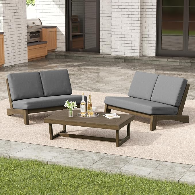 3 Pieces Patio Furniture Sets, All-Weather Outdoor Wood Bistro Set Patio Conversation Coffee Table Chiars and Patio Loveseat for Balcony, Backyard