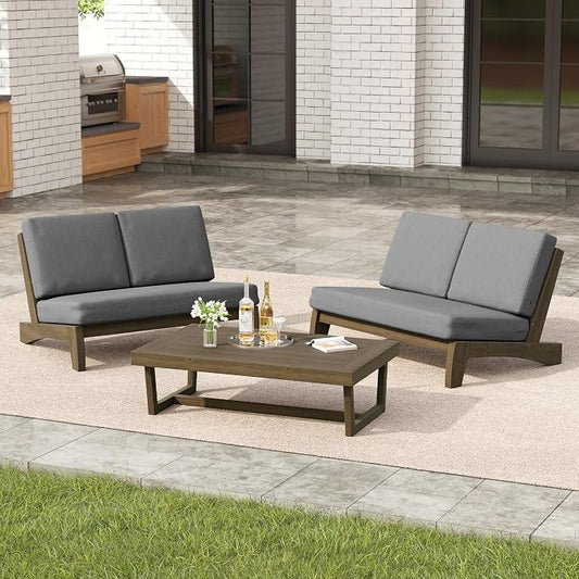 3 Pieces Patio Furniture Sets, All-Weather Outdoor Wood Bistro Set Patio Conversation Coffee Table Chiars and Patio Loveseat for Balcony, Backyard