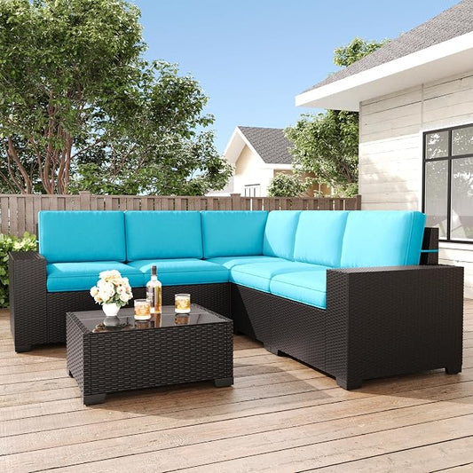 LayinSun 6 Pieces Patio Furniture Set, Black Rattan Modular Sectional Outdoor Conversation Sofa Set