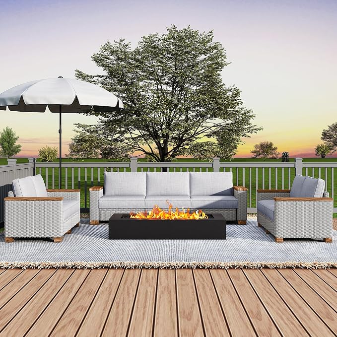 LUXOAK 7-Piece Outdoor Patio Sofa Set, PE Wicker Furniture with 5.9" Solid Wood Armrest, Deep Seating Sectional Conversation Set with Cushions for Backyard, Deck, Porch, Poolside, Garden