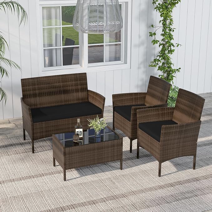 RELAX4LIFE 4-Piece Patio Furniture Set - Rattan Outdoor Conversation Bistro Set w/Cushions, Glass Coffee Table, Wicker Chairs & Loveseat for Garden Backyard Porch, Balcony Furniture Set (1, Black)