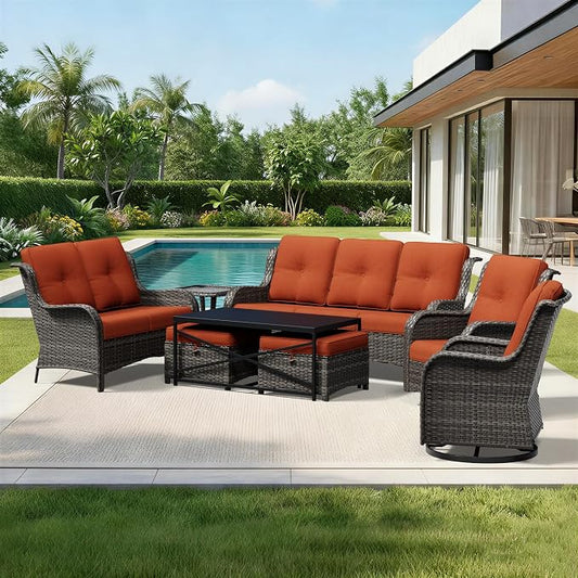 Joyside 8 Piece Wicker Patio Furniture Set, Outdoor Swivel Rocker Patio Chairs with High Back, Deep Seating, Wide Armrest, Thickened Cushions, Outdoor Furniture for Deck, Porch Use