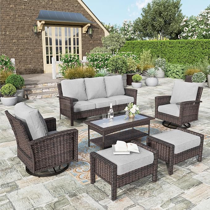 HERA'S HOUSE Patio Furniture Set with High Back Swivel Chair, 6-Piece Outdoor Wicker Sectional Conversation Set with Ottomans, 3-Seat Couch with Rattan Table for Garden Backyard, Gray