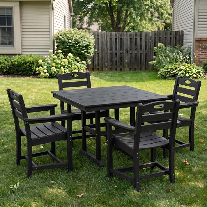 WILLIAMSPACE 37.8" Outdoor Patio Dining Set with 4 Armchairs, All Weather HDPE Square Dining Table with Umbrella Hole, Patio 5-Piece Bistro Set for Backyard, Balcony, Lawn, Kitchen (Black)