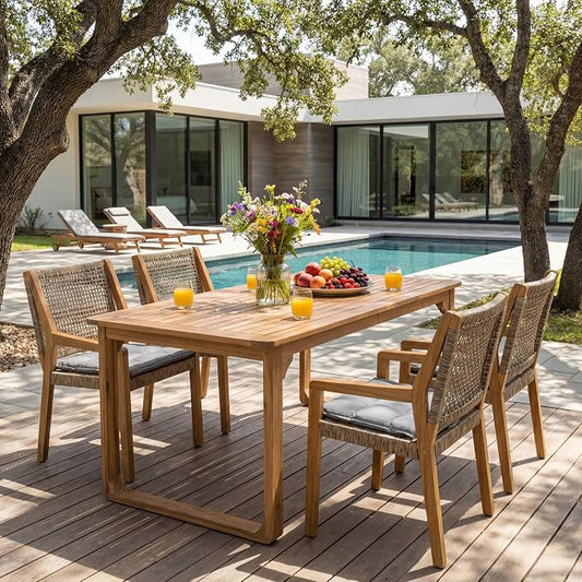 Christopher Knight Home Samma Acacia Wood Outdoor Dining Set for 4, Patio Dining Table Set for 4, Outdoor Dining Table and Sled Base, Dining Chairs with Cushion + Wicker Backrest, Teak+Brown+Grey