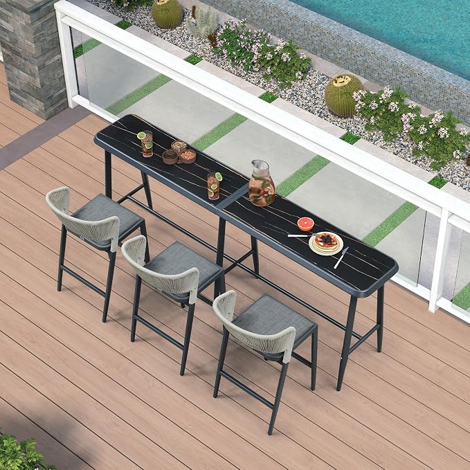 PURPLE LEAF Outdoor High Bar Table Rectangular Patio Pub Balcony Table with Waterproof Tabletop, 98” Long for 3 Seats