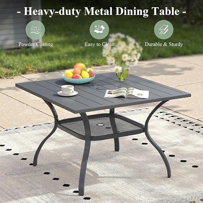 Outdoor Dining Set for 4, 37.8" Outdoor Dining Table with Umbrella Hole and Padded Textilene Patio Swivel Chairs, 5 Pieces Patio Table and Chairs Set for Garden Backyard, Grey and Dark Grey