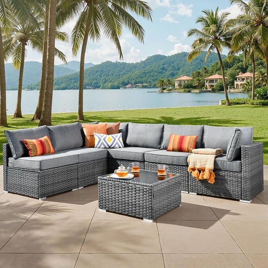 ovios Outdoor 7 Piece Coversation Set with Coffee Table,Sectional Patio Furniture Set with All-Weather Wicker Sofa,Modern Outside Couch for Balcony Backyard Pool, Dark Grey