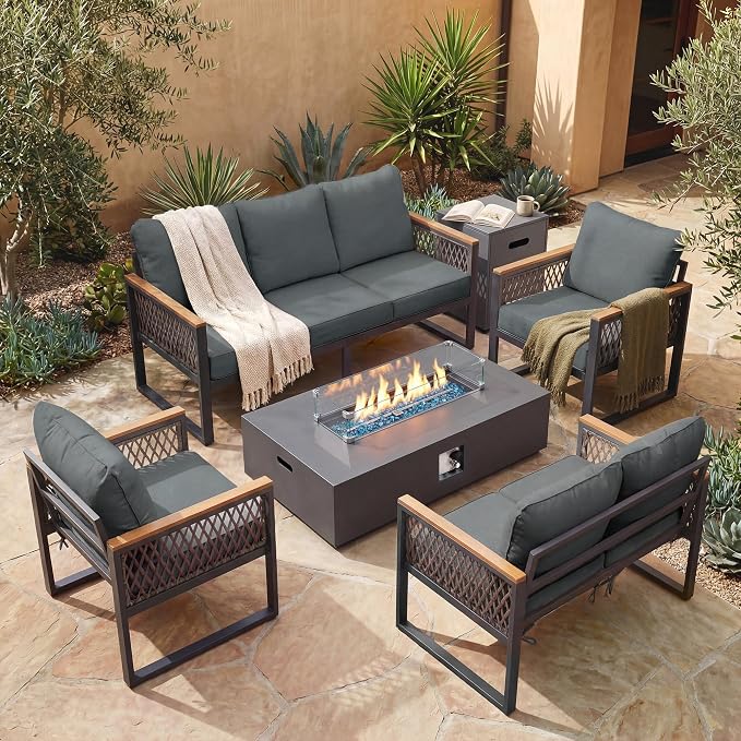 UPHA 7 Pieces Patio Furniture Set with 56" Propane Gas Fire Pit Table, Metal Outdoor Sectional Couch Set with Loveseat & 3-Seat Sofa, Modern Patio Conversation Set for Porch Balcony Deck, Gray