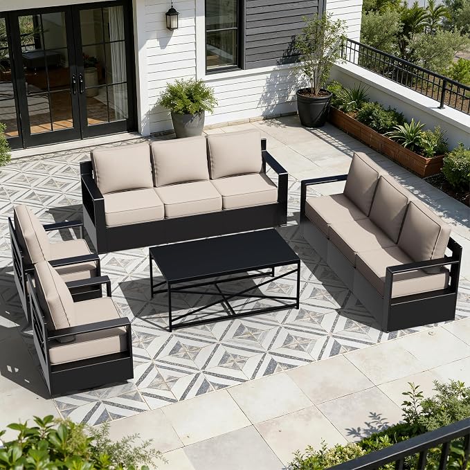 Outdoor Aluminum Furniture Set, 4-Piece Patio Conversation Set, 2 Swivel Chairs, 2 Sofa and 1 Table, All-Weather Metal Frame, 6" Thick Removable Cushions, Deep Setting for Garden, Porch