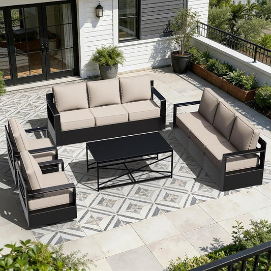 Outdoor Aluminum Furniture Set, 4-Piece Patio Conversation Set, 2 Swivel Chairs, 2 Sofa and 1 Table, All-Weather Metal Frame, 6" Thick Removable Cushions, Deep Setting for Garden, Porch