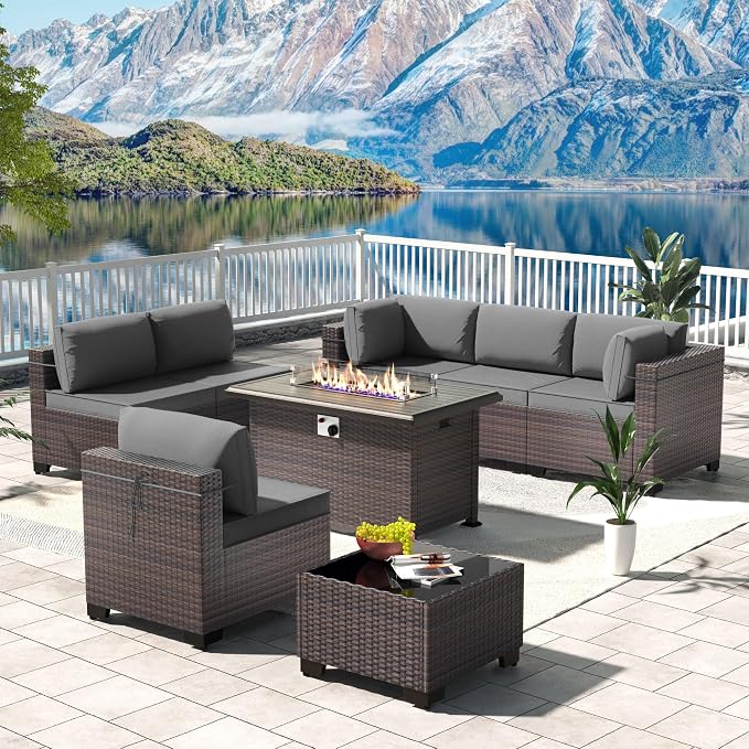 Kullavik 8 Pieces Outdoor Patio Furniture Set with 43" 55000BTU Gas Propane Fire Pit Table PE Wicker Rattan Sectional Sofa Patio Conversation Sets,Grey