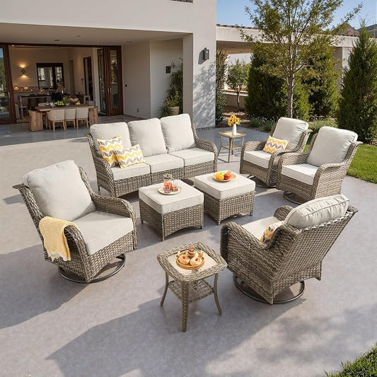 ovios 9-Piece Patio Furniture Set with Swivel Chairs Side Table, Outdoor Wicker Sofa with Comfy Cushions, High Back Couch Modern Conversation Sets, Grey/Grey