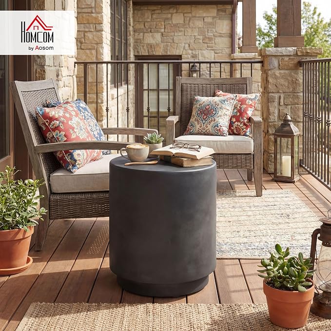 HOMCOM Outdoor Side Table, Round Small End Table with Concrete Finish for Indoor, Patio, Backyard, Pool, Porch, Garden, Lawn, Dark Gray