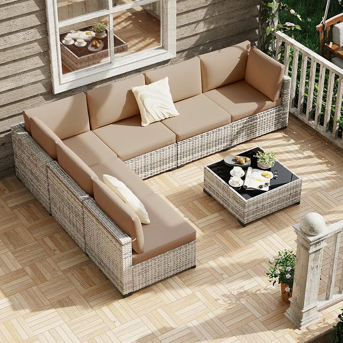 KIGOTY 7-Piece Patio Furniture Set, All-Weather PE Rattan Outdoor Sectional Sofa, Modular Wicker Conversation Set with Thick Cushions & Easy-Clean Coffee Table（Grey White/Camel）