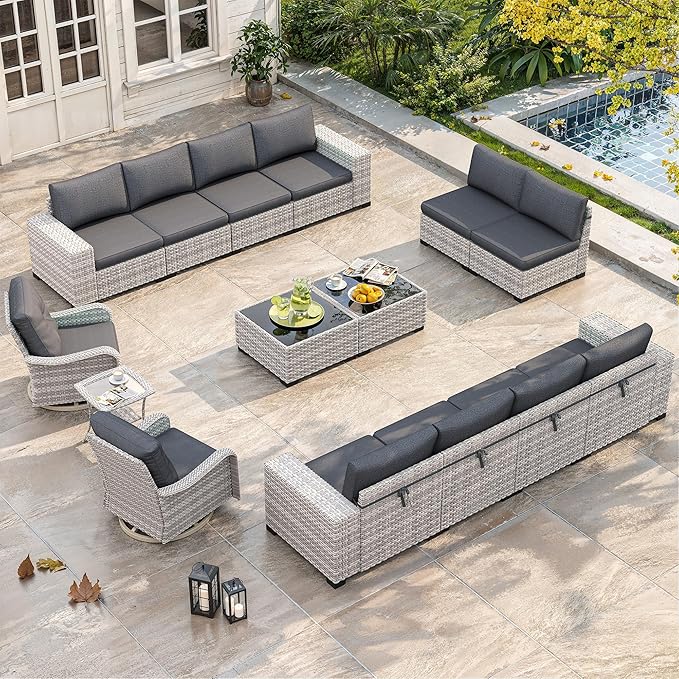 15 Piece Outdoor Wicker Sectional Sofa Set with Swivel Chairs, 12-Seats with 4" Thickened Cushions & Coffee Table, All-Weather PE Rattan for Garden, Backyard, Charcoal Gray