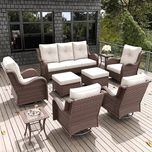 LayinSun 9 Pieces Outdoor Patio Furniture Set, Rattan Wicker Sectional Swivel Rocker Chairs Sets with Ottomans, Swivel Glider Chairs and Coffee Table