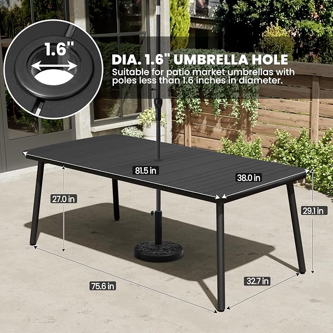 82" Outdoor Dining Table for 8 Aluminum Patio Table | Rectangle Black Table with Umbrella Hole and Wood Grain Tabletop for Lawn Backyard Garden
