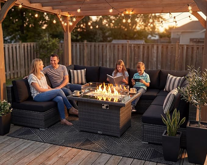 NICESOUL 9 Piece Extra Large Outdoor Patio Furniture Conversation Set with Fire Pit Natural Gas/Propane, 29.3'' High Back Modular Deep Seat Sectional Sofa Set for Outside, 2 Color Cushion Black&Gray