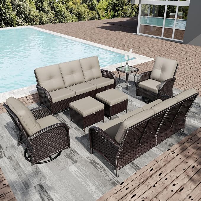 Joyside Wicker Patio Furniture Set, 7 Piece Outdoor Furniture Set with Thickened Cushions, High Back, Deep Seating, Wide Armrest, Outdoor Swivel Rocker Chairs for Porch, Deck