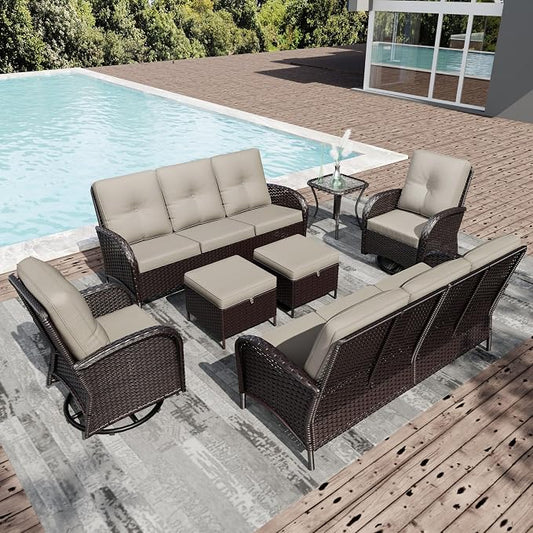 Joyside Wicker Patio Furniture Set, 7 Piece Outdoor Furniture Set with Thickened Cushions, High Back, Deep Seating, Wide Armrest, Outdoor Swivel Rocker Chairs for Porch, Deck