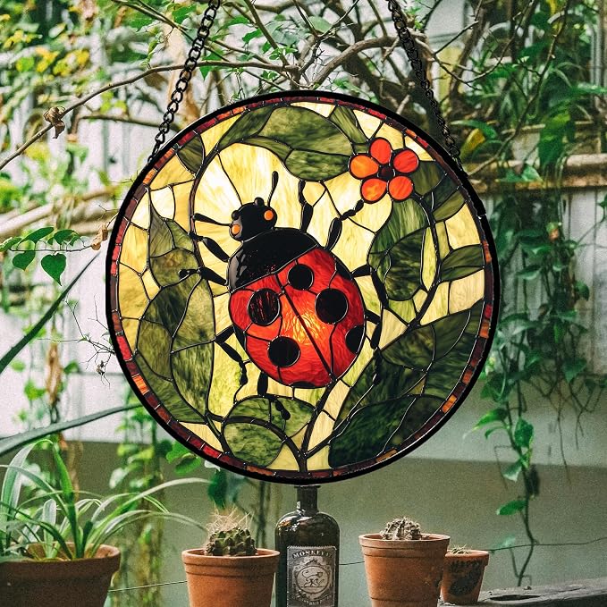 Stained Glass Window Hanging - Red Ladybug Green Plant Flower Sun Catcher for Door Home Decor Insect Suncatcher Christmas Mother's Day Birthday Gifts for Women Men Mom Nana 6.3 in
