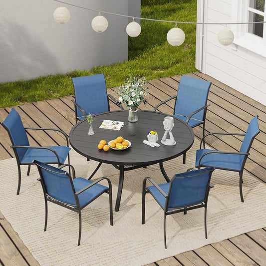 VICLLAX Round Outdoor Dining Set, Patio Table and Chairs Set Set of 6 Patio Stackable Chairs and 47" Outdoor Round Table with Umbrella Hole for Backyard Lawn Garden, Blue Chairs and Black Table